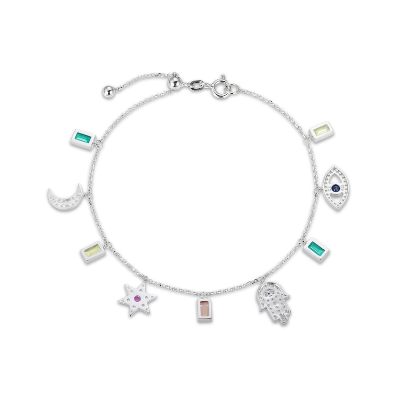 Multi Lab-Created Gemstone Charm Bracelet Sterling Silver 8"