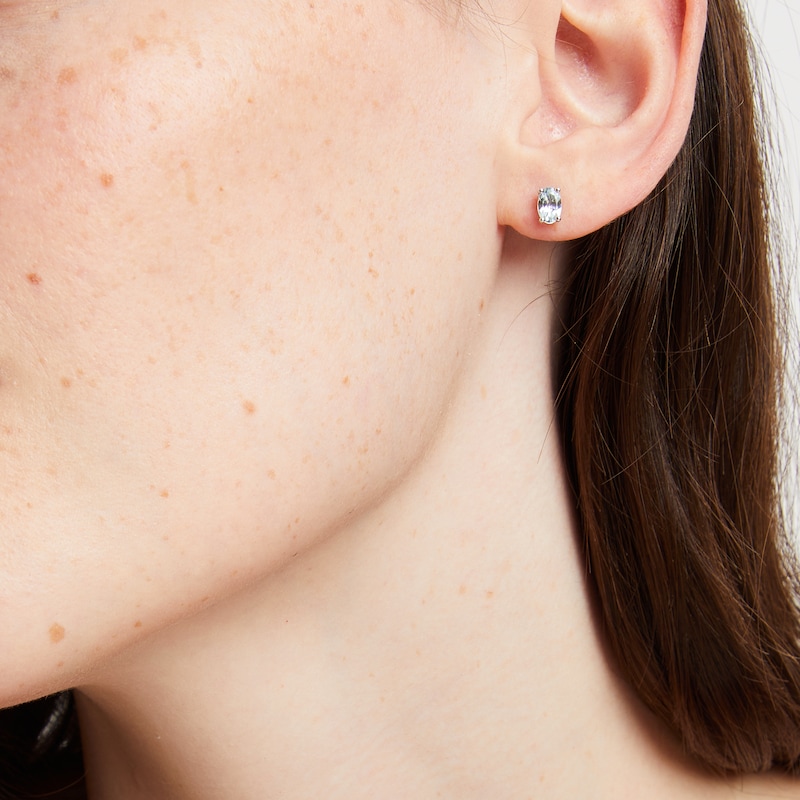 Main Image 3 of Oval-Cut Aquamarine Solitaire Stud Earrings 14K White Gold