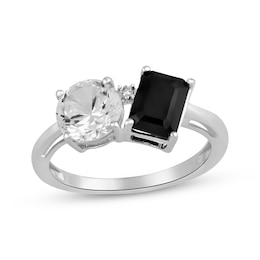 Octagon-Cut Black Onyx & White Lab-Created Sapphire Ring Sterling Silver