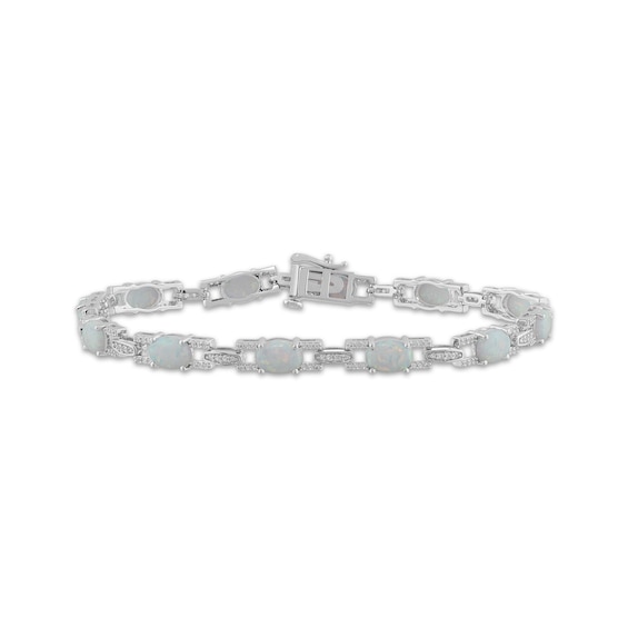 Oval-Cut Lab-Created Opal & White Lab-Created Sapphire Link Bracelet Sterling Silver 7.5"