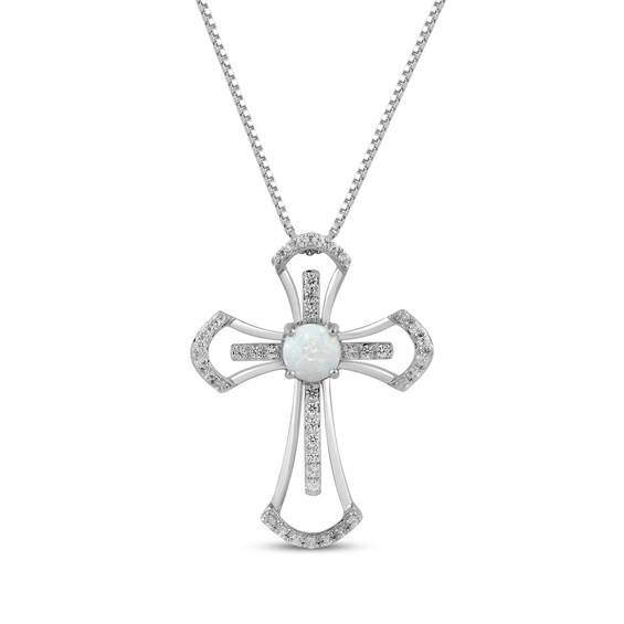 Lab-Created Opal & White Lab-Created Sapphire Double Cross Necklace Sterling Silver 18"