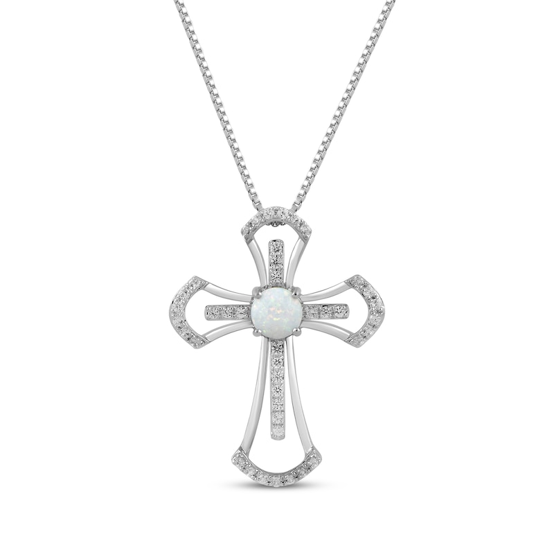 Main Image 1 of Lab-Created Opal & White Lab-Created Sapphire Double Cross Necklace Sterling Silver 18"