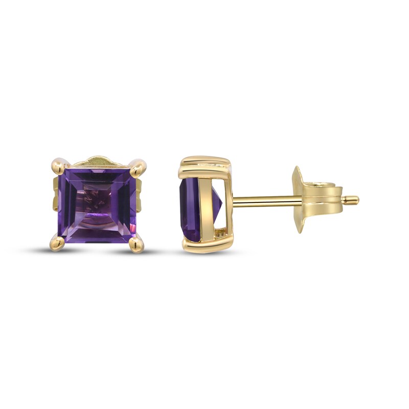 Main Image 3 of Square-Cut Amethyst Solitaire Stud Earrings 10K Yellow Gold