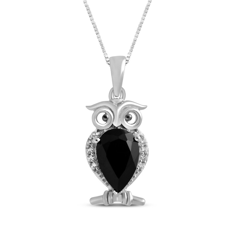 Main Image 1 of Pear-Shaped Black Onyx & White Lab-Created Sapphire Owl Necklace Sterling Silver 18"