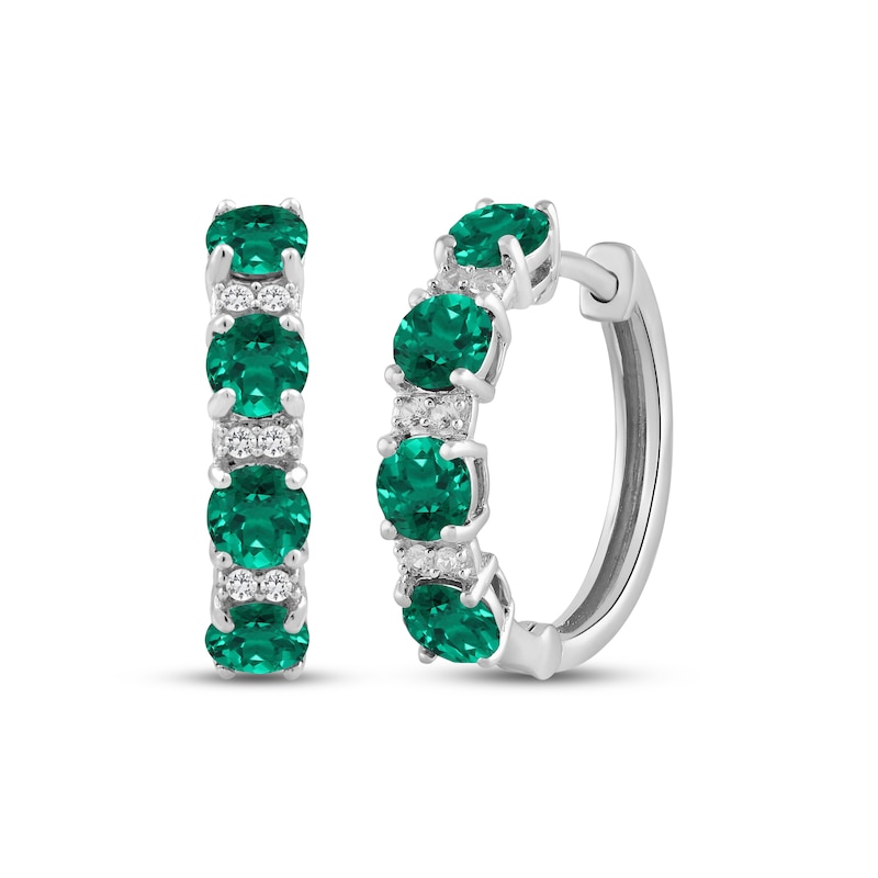 Lab-Created Emerald & White Lab-Created Sapphire Hoop Earrings Sterling Silver