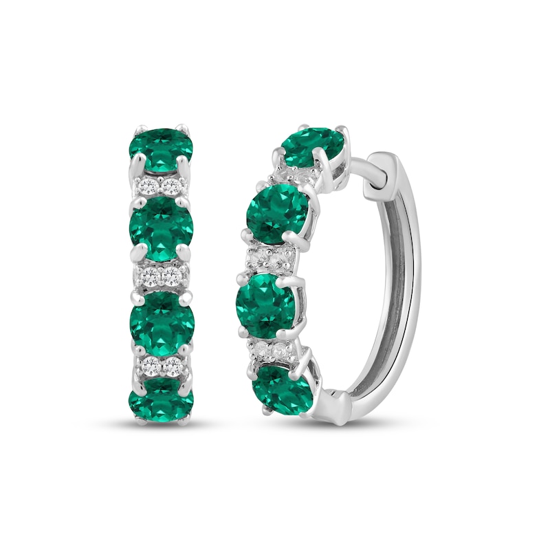 Main Image 1 of Lab-Created Emerald & White Lab-Created Sapphire Hoop Earrings Sterling Silver