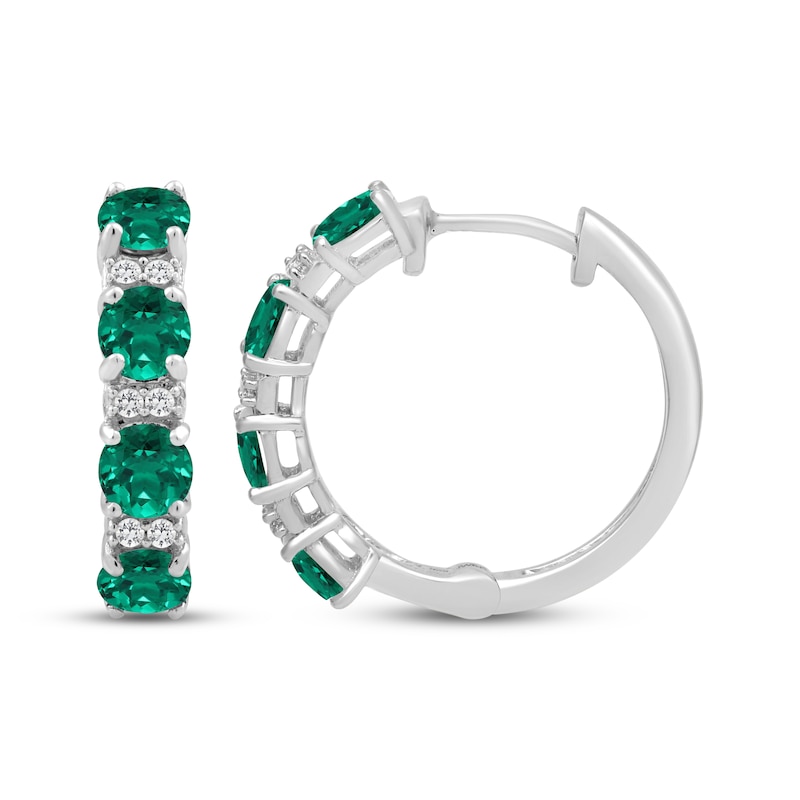Main Image 3 of Lab-Created Emerald & White Lab-Created Sapphire Hoop Earrings Sterling Silver