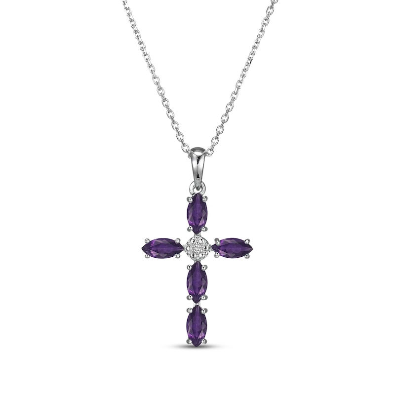 Main Image 1 of Marquise-Cut Amethyst & Diamond Accent Cross Necklace Sterling Silver 18"