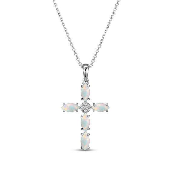 Marquise-Cut Lab-Created Opal & Diamond Accent Cross Necklace Sterling Silver 18"