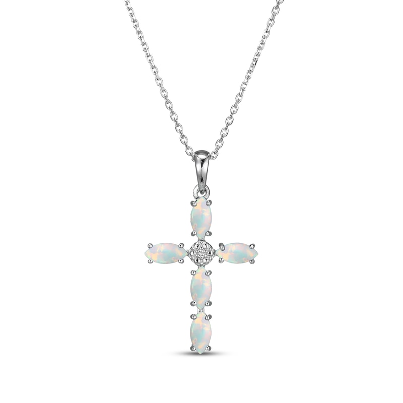 Main Image 1 of Marquise-Cut Lab-Created Opal & Diamond Accent Cross Necklace Sterling Silver 18"