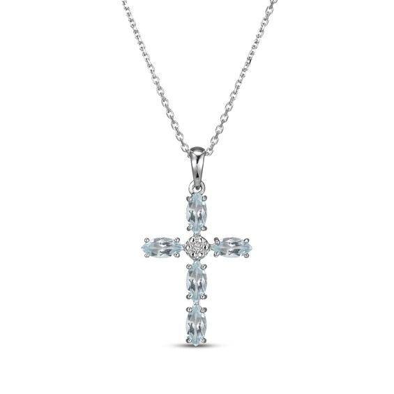 Marquise-Cut Aquamarine & Diamond Accent Cross Necklace Sterling Silver 18"