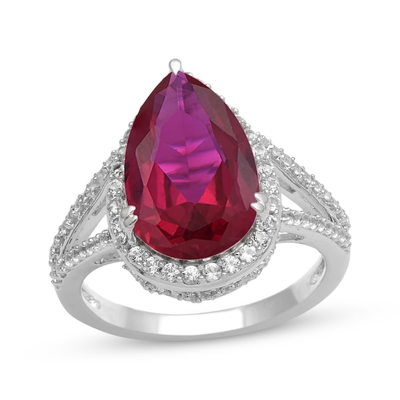 Pear-Shaped Lab-Created Ruby & White Lab-Created Sapphire Split Shank Ring Sterling Silver