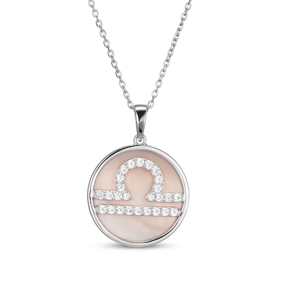 White Lab-Created Sapphire & Pink Mother of Pearl "Libra" Necklace Sterling Silver 18"