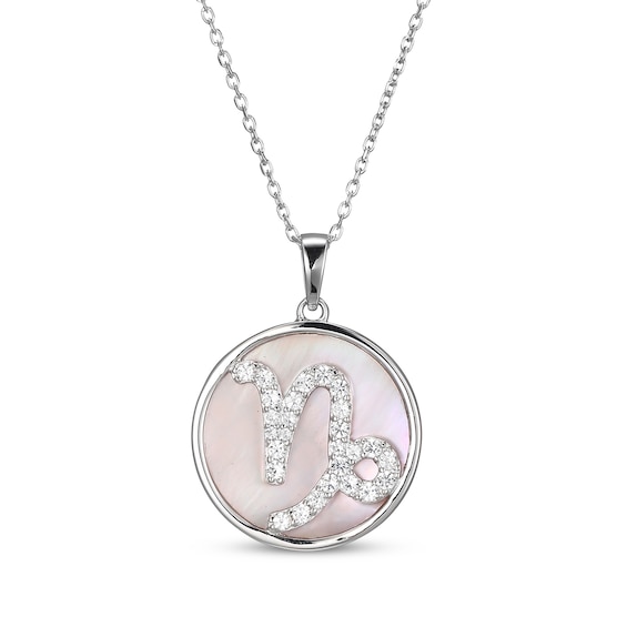 White Lab-Created Sapphire & Pink Mother of Pearl "Capricorn" Necklace Sterling Silver 18"