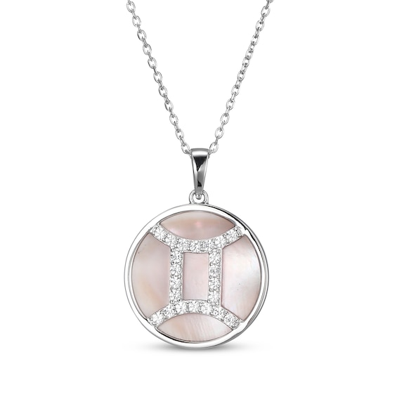 White Lab-Created Sapphire & Pink Mother of Pearl "Gemini" Necklace Sterling Silver 18"