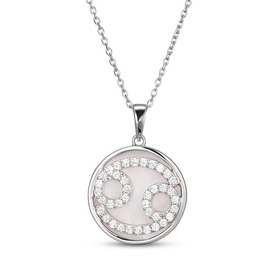 White Lab-Created Sapphire & Pink Mother of Pearl "Cancer" Necklace Sterling Silver 18"
