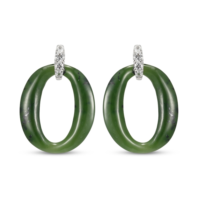 Main Image 2 of Nephrite Jade & White Topaz Loop Drop Earrings Sterling Silver