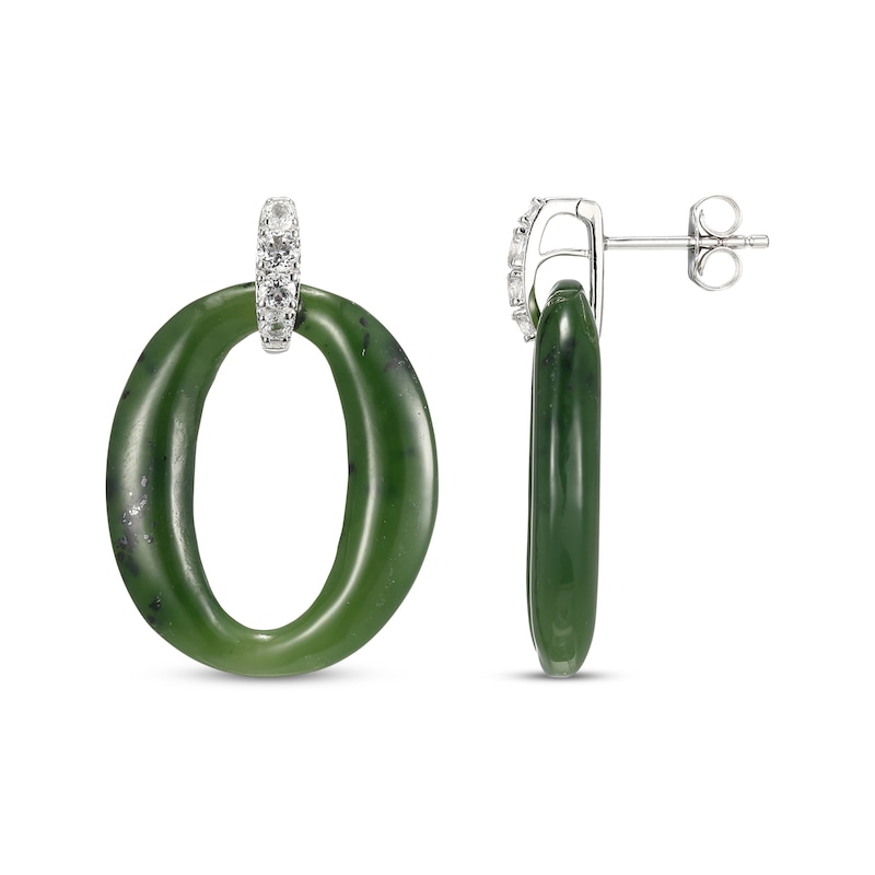 Main Image 3 of Nephrite Jade & White Topaz Loop Drop Earrings Sterling Silver
