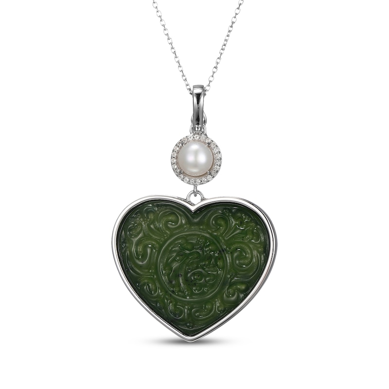 Heart-Shaped Nephrite Jade, Cultured Pearl & White Topaz Necklace Sterling Silver 18"