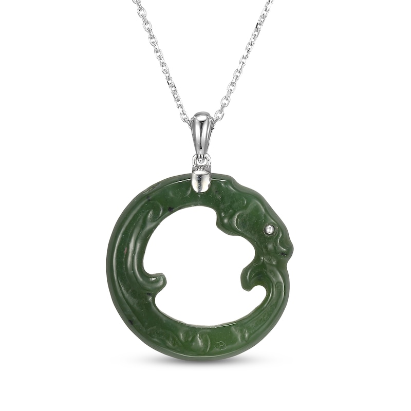 Circle Nephrite Jade Dragon Necklace Sterling Silver 18"