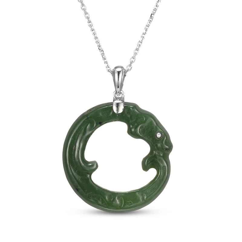Main Image 1 of Circle Nephrite Jade Dragon Necklace Sterling Silver 18"