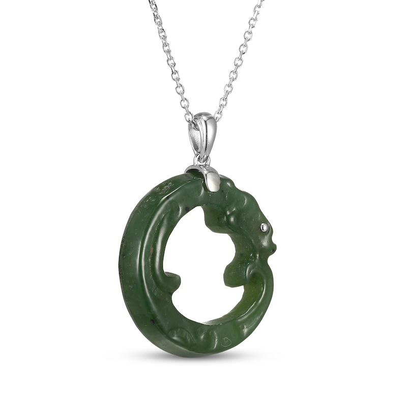 Main Image 2 of Circle Nephrite Jade Dragon Necklace Sterling Silver 18"