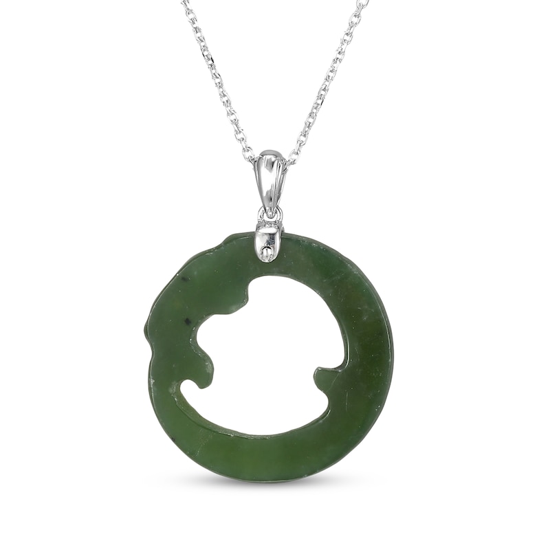 Circle Nephrite Jade Dragon Necklace Sterling Silver 18"