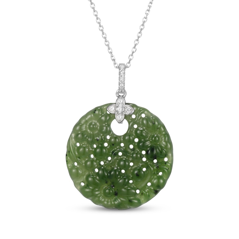 Main Image 1 of Nephrite Jade & White Lab-Created Sapphire Textured Disc Necklace Sterling Silver 18"