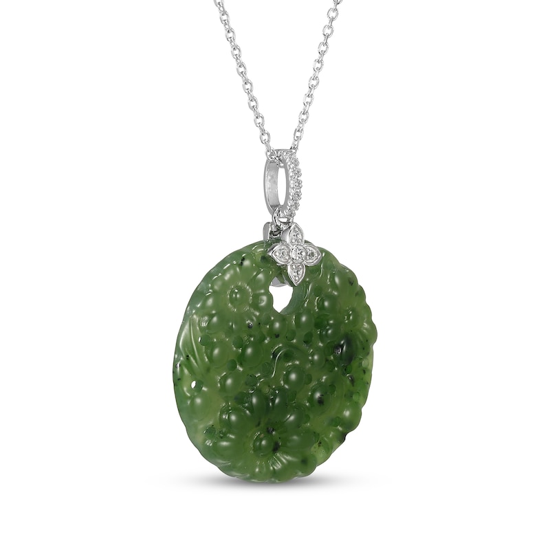 Main Image 2 of Nephrite Jade & White Lab-Created Sapphire Textured Disc Necklace Sterling Silver 18"