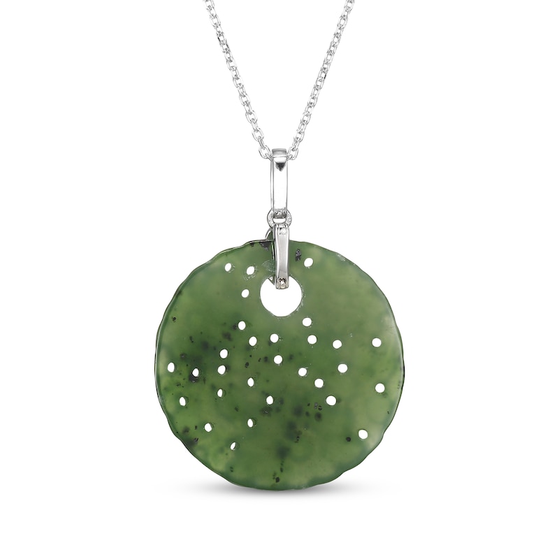 Main Image 3 of Nephrite Jade & White Lab-Created Sapphire Textured Disc Necklace Sterling Silver 18"