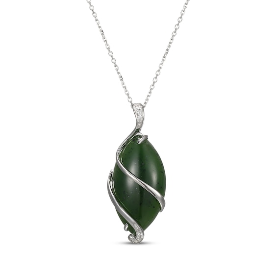 Nephrite Jade & White Topaz Swirl Drop Necklace Sterling Silver 18"