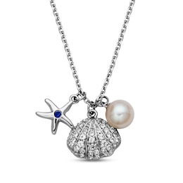 Cultured Pearl, Blue & White Lab-Created Sapphire Sea Charms Necklace Sterling Silver 18"