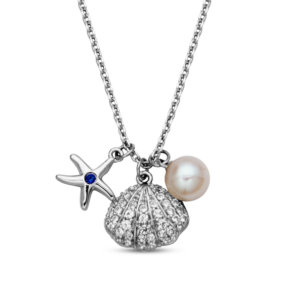 Cultured Pearl, Blue & White Lab-Created Sapphire Sea Charms Necklace Sterling Silver 18"