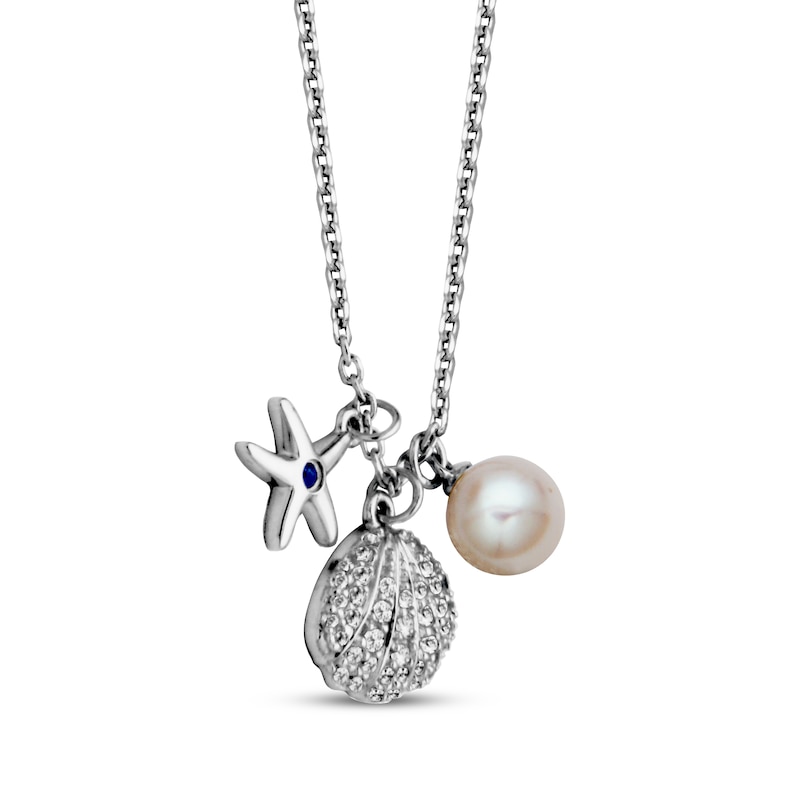 Main Image 2 of Cultured Pearl, Blue & White Lab-Created Sapphire Sea Charms Necklace Sterling Silver 18"