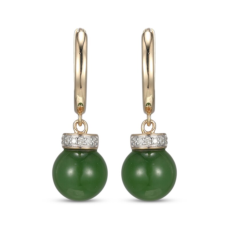 Main Image 2 of Nephrite Jade & Diamond Collar Hoop Drop Earrings 1/20 ct tw 14K Yellow Gold