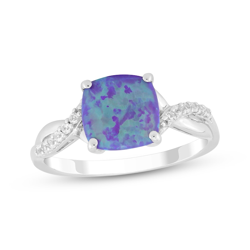 Main Image 1 of Cushion-Shaped Lavender Lab-Created Opal & White Lab-Created Sapphire Ring Sterling Silver