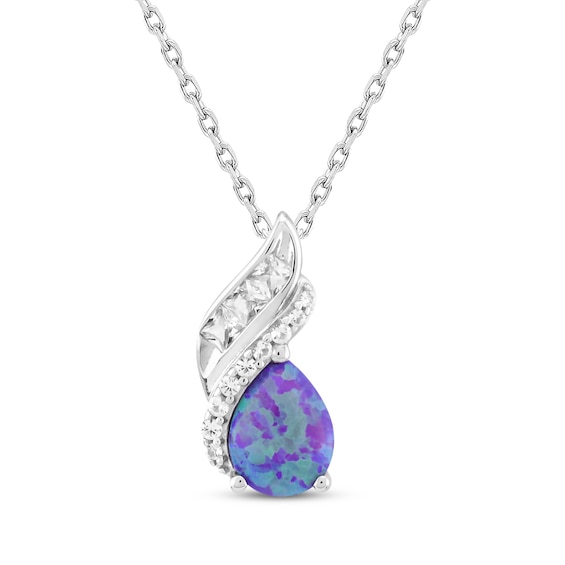 Pear-Shaped Lavender Lab-Created Opal & White Lab-Created Sapphire Necklace Sterling Silver 18"