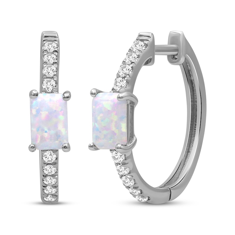 Emerald-Cut Lab-Created Opal & White Lab-Created Sapphire Hoop Earrings Sterling Silver