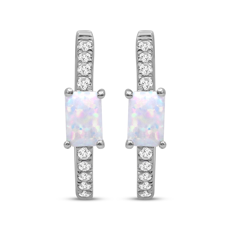 Emerald-Cut Lab-Created Opal & White Lab-Created Sapphire Hoop Earrings Sterling Silver
