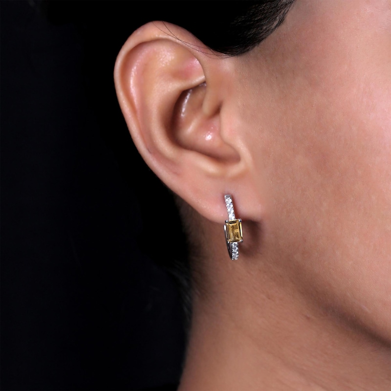 Emerald-Cut Citrine & White Lab-Created Sapphire Hoop Earrings Sterling Silver