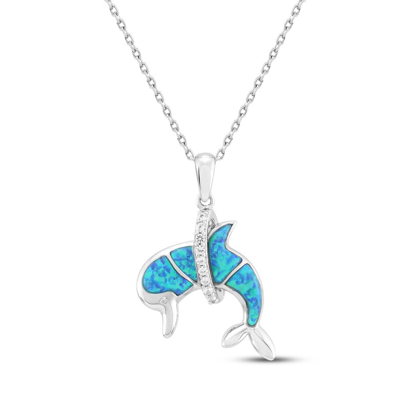 Main Image 1 of Blue-Green Lab-Created Opal & White Lab-Created Sapphire Dolphin Necklace Sterling Silver 18&quot;