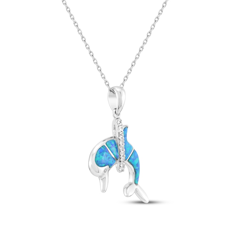 Main Image 2 of Blue-Green Lab-Created Opal & White Lab-Created Sapphire Dolphin Necklace Sterling Silver 18&quot;
