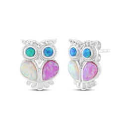 Pink, White & Blue-Green Lab-Created Opal, White Lab-Created Sapphire Owl Earrings Sterling Silver
