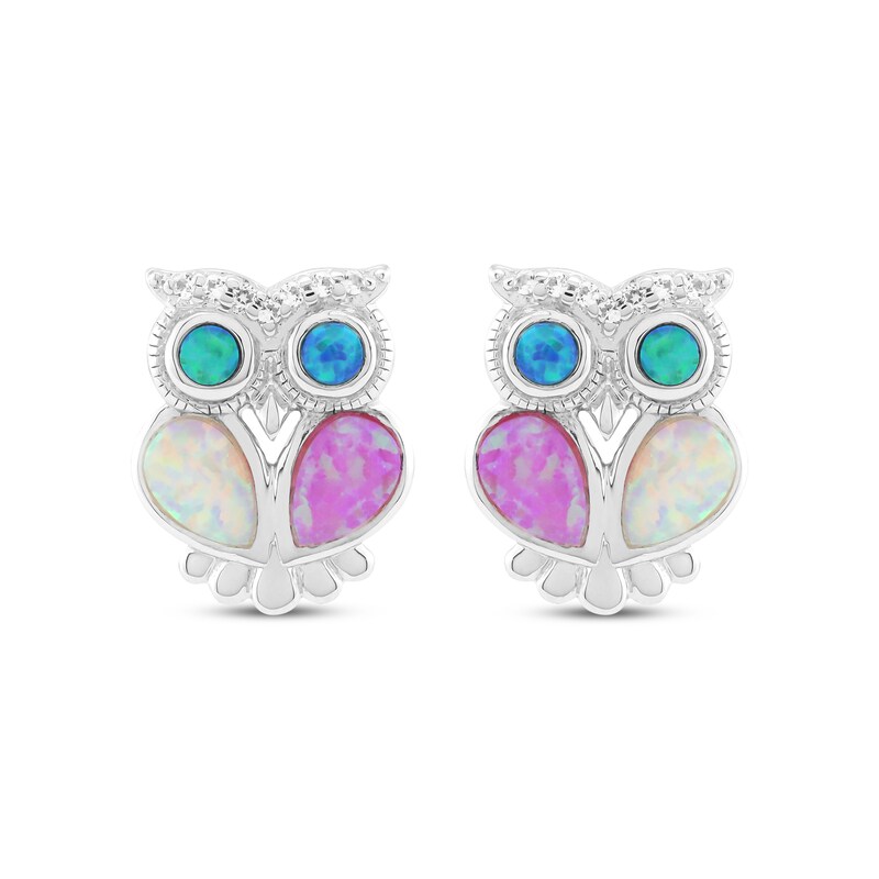 Main Image 2 of Pink, White & Blue-Green Lab-Created Opal, White Lab-Created Sapphire Owl Earrings Sterling Silver