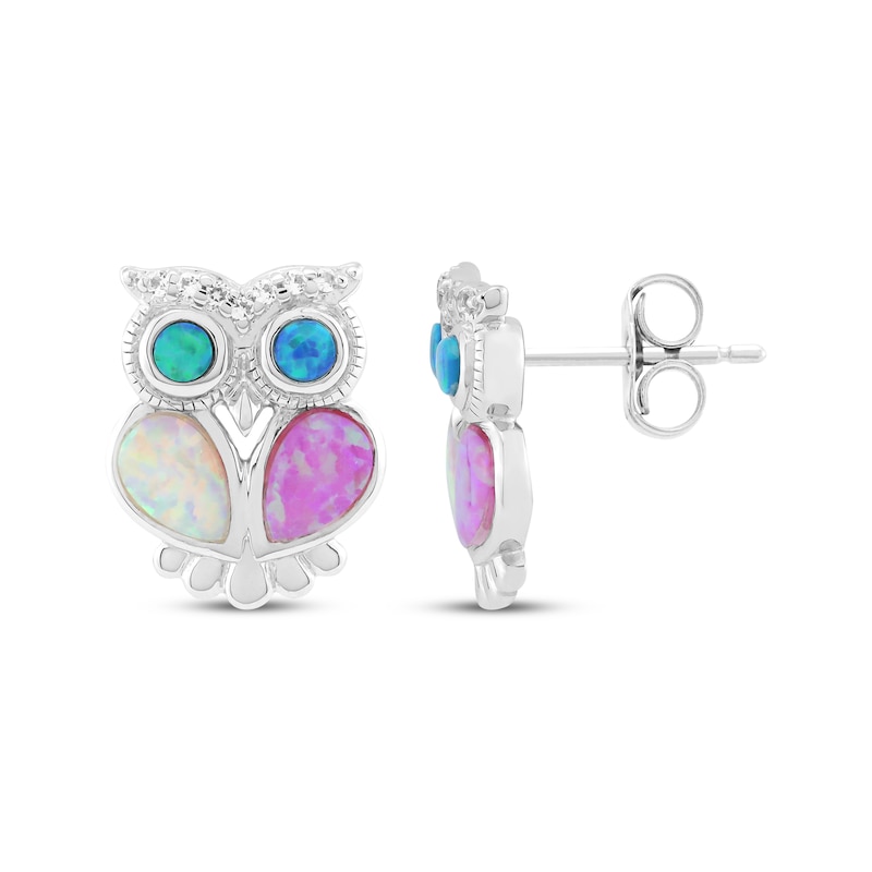 Main Image 3 of Pink, White & Blue-Green Lab-Created Opal, White Lab-Created Sapphire Owl Earrings Sterling Silver