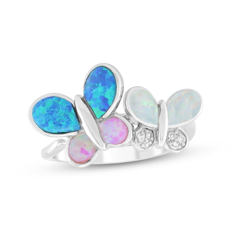 Main Image 1 of Pink, White & Blue-Green Lab-Created Opal, White Lab-Created Sapphire Butterflies Ring Sterling Silver