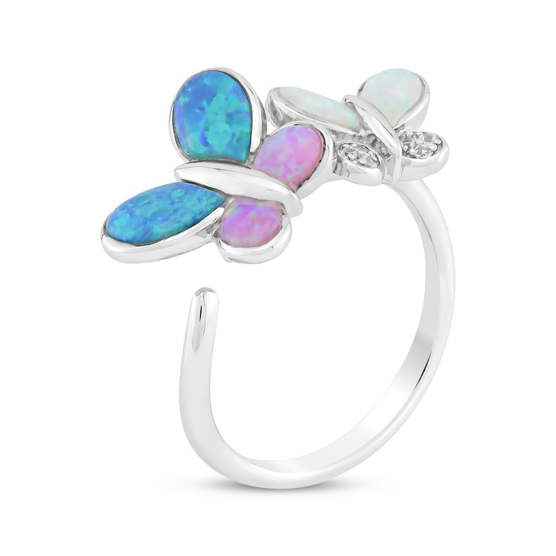 Main Image 2 of Pink, White & Blue-Green Lab-Created Opal, White Lab-Created Sapphire Butterflies Ring Sterling Silver