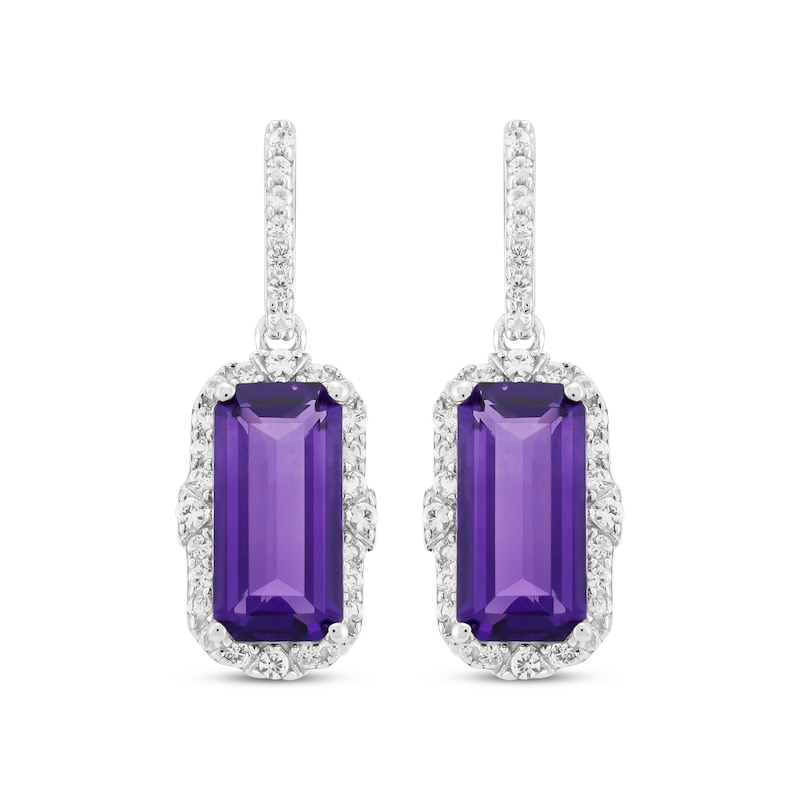 Main Image 2 of Emerald-Cut Amethyst & White Lab-Created Sapphire Drop Earrings Sterling Silver