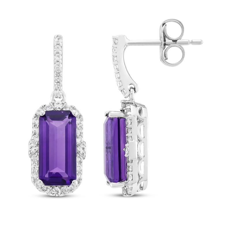 Main Image 3 of Emerald-Cut Amethyst & White Lab-Created Sapphire Drop Earrings Sterling Silver