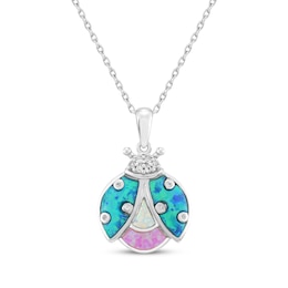 Blue-Green, White & Pink Lab-Created Opal, White Lab-Created Sapphire Ladybug Necklace Sterling Silver 18"